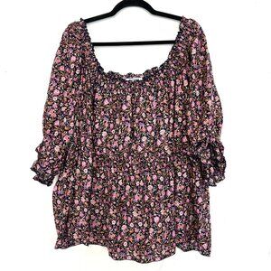 Old Navy Top Floral Purple Navy Puff Short Sleeve Smocked Back 4X